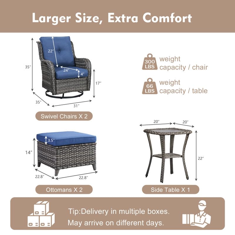 5 Pieces Outdoor Wicker Patio Furniture Set with Ottoman Blue X3596