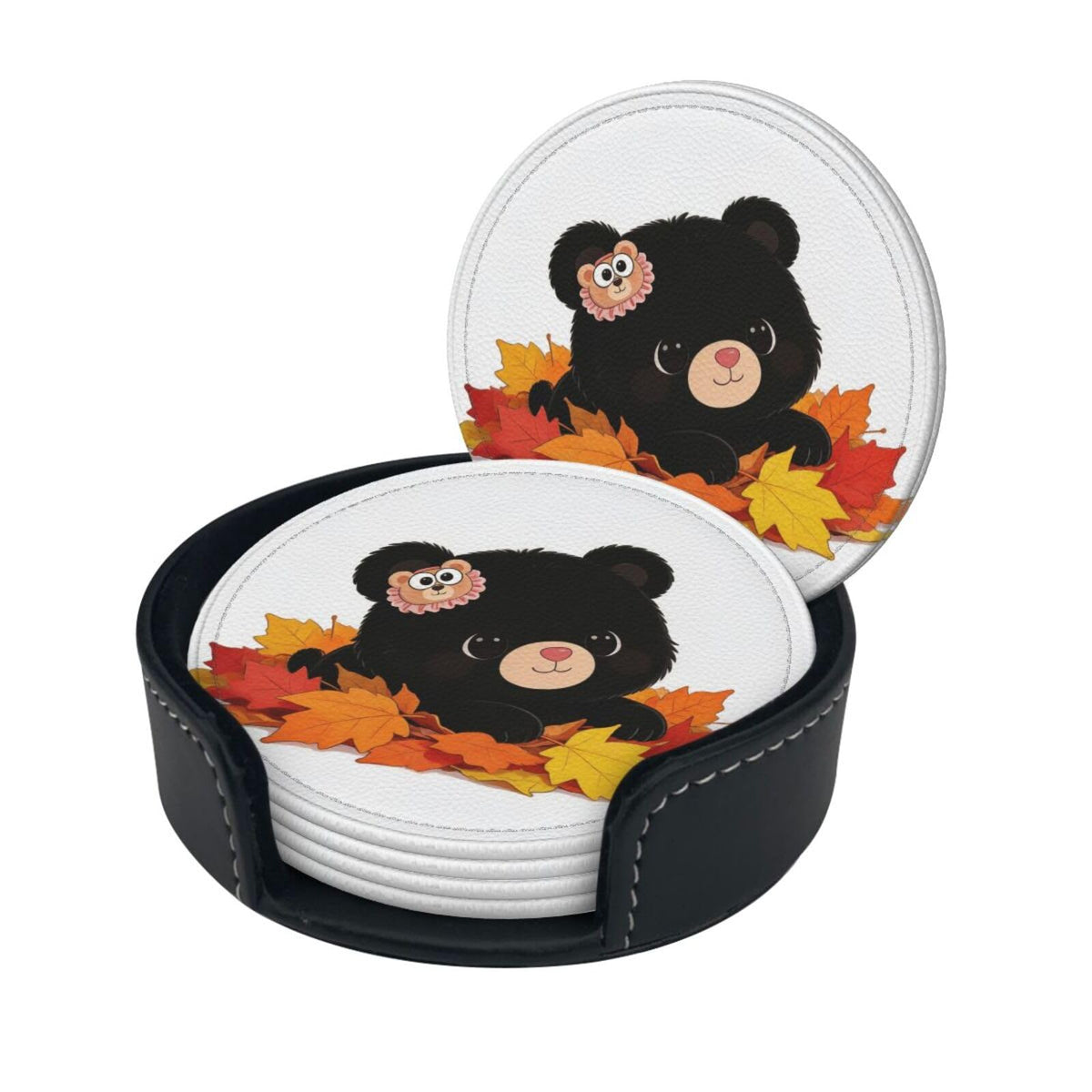 Black Bear Leather Coasters Set of 6 with Holder R54455