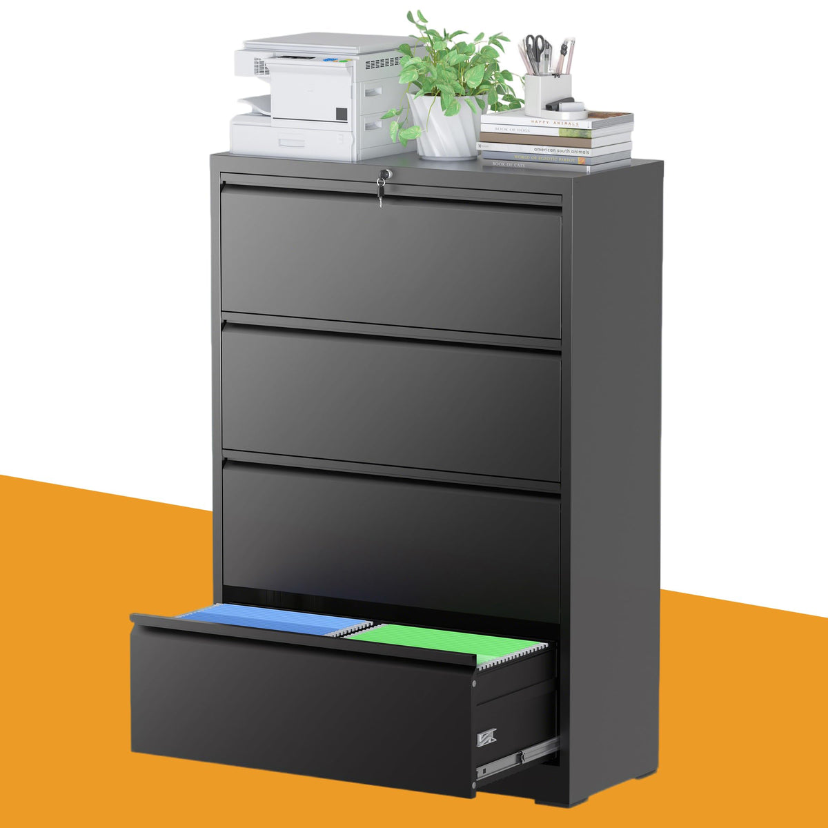 Black 4 Drawer Metal Lateral File Cabinet with Lock A897