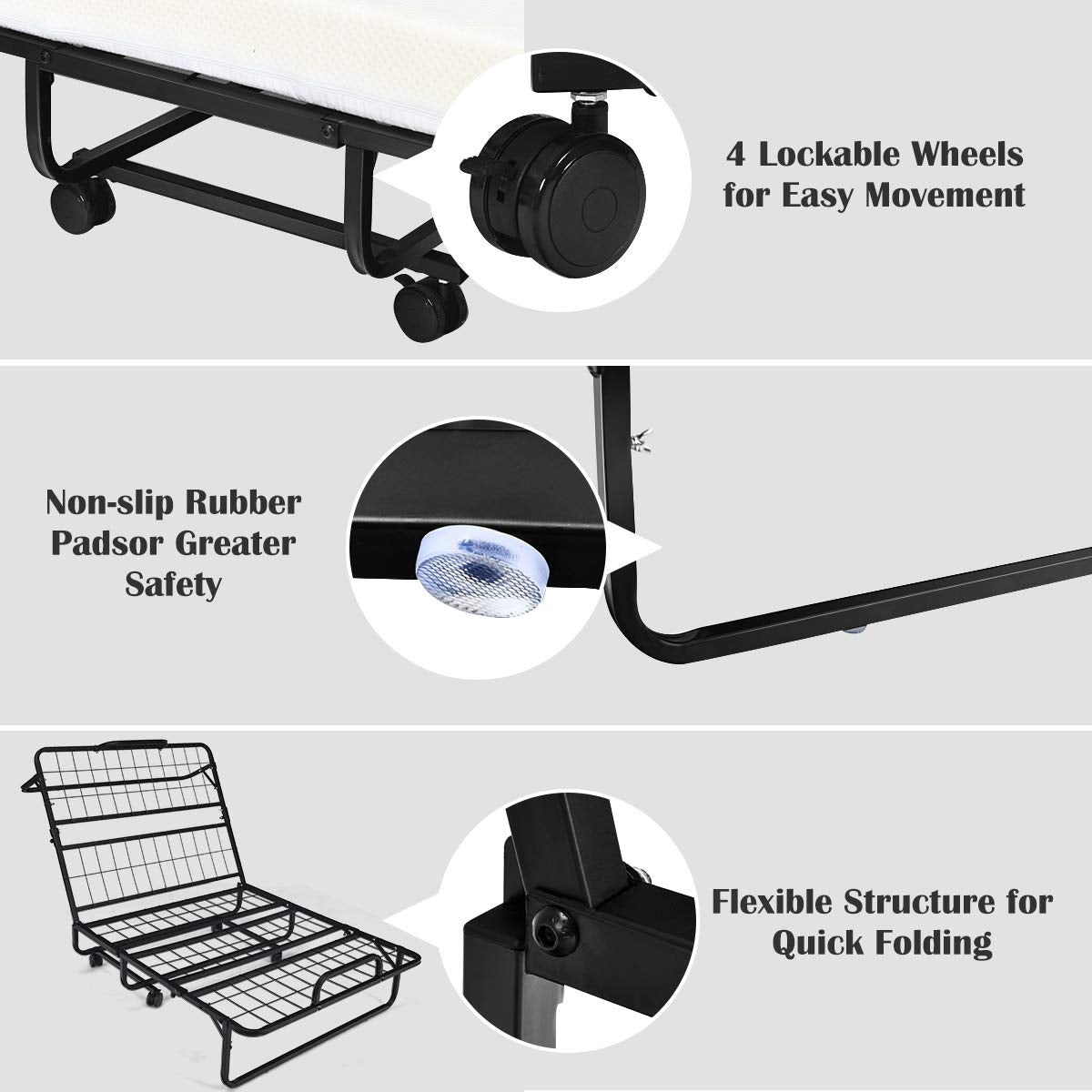 Folding Bed with Mattress Twin Size Metal Frame Memory Foam C516413