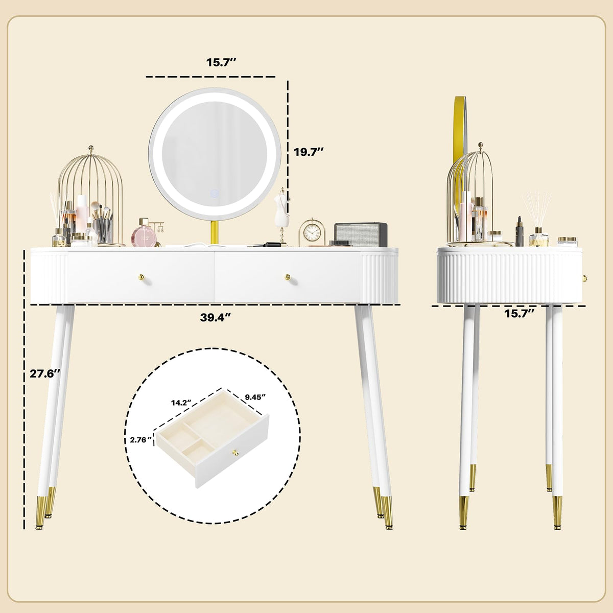 White 40" Vanity Desk with Mirror and Lights S98281