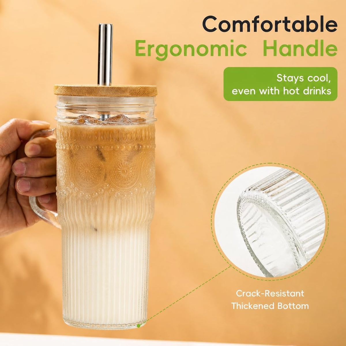 24 oz Glass Tumbler with Bamboo Lid and Handle Z99048