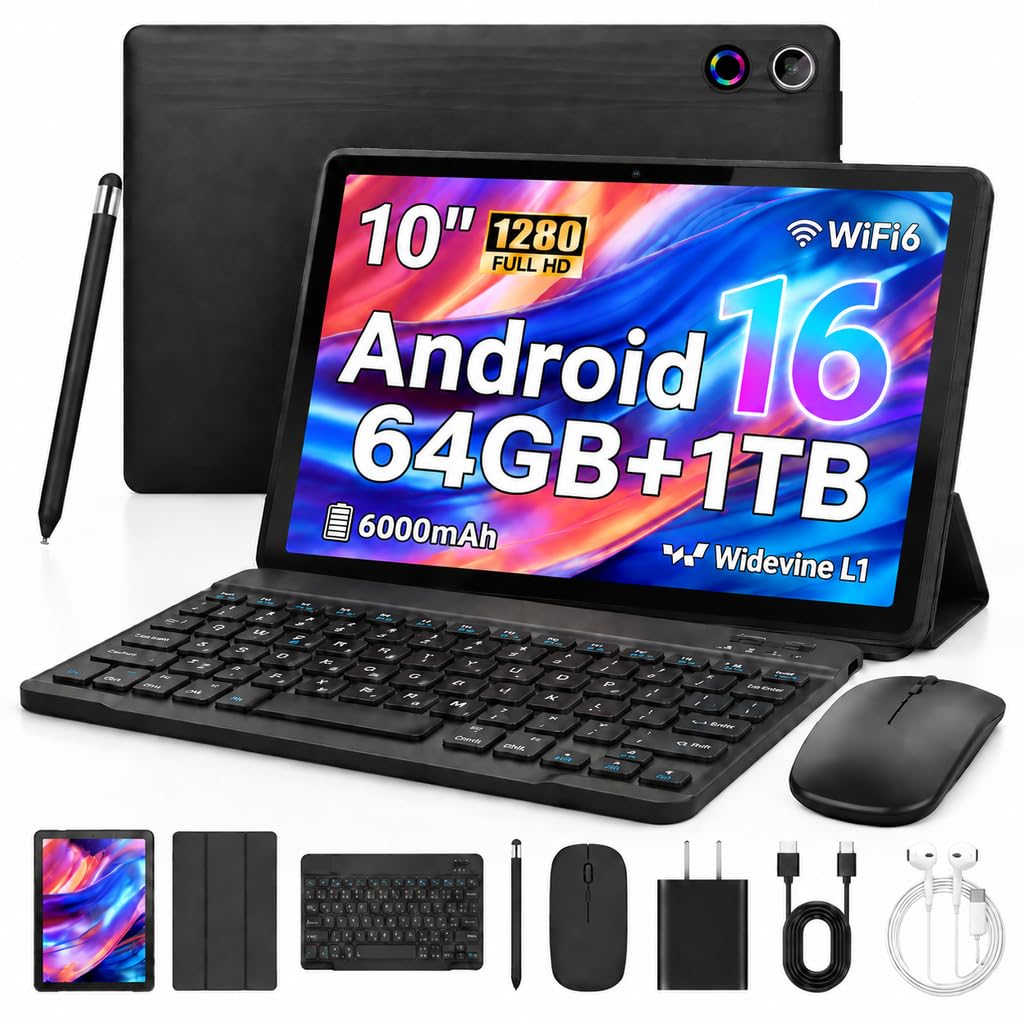 Android 16 Tablet with Keyboard Mouse Stylus Case, 64GB ROM 10.1 inch HD IPS Screen, 6000mAh Battery, WiFi 6 Tablets Bundle L469292