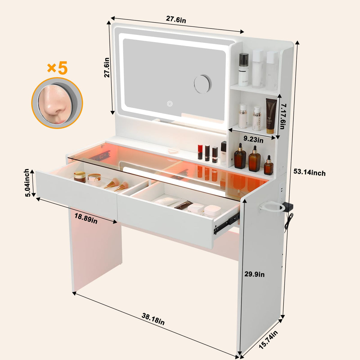 White Makeup Vanity Desk with LED Mirror Q49861