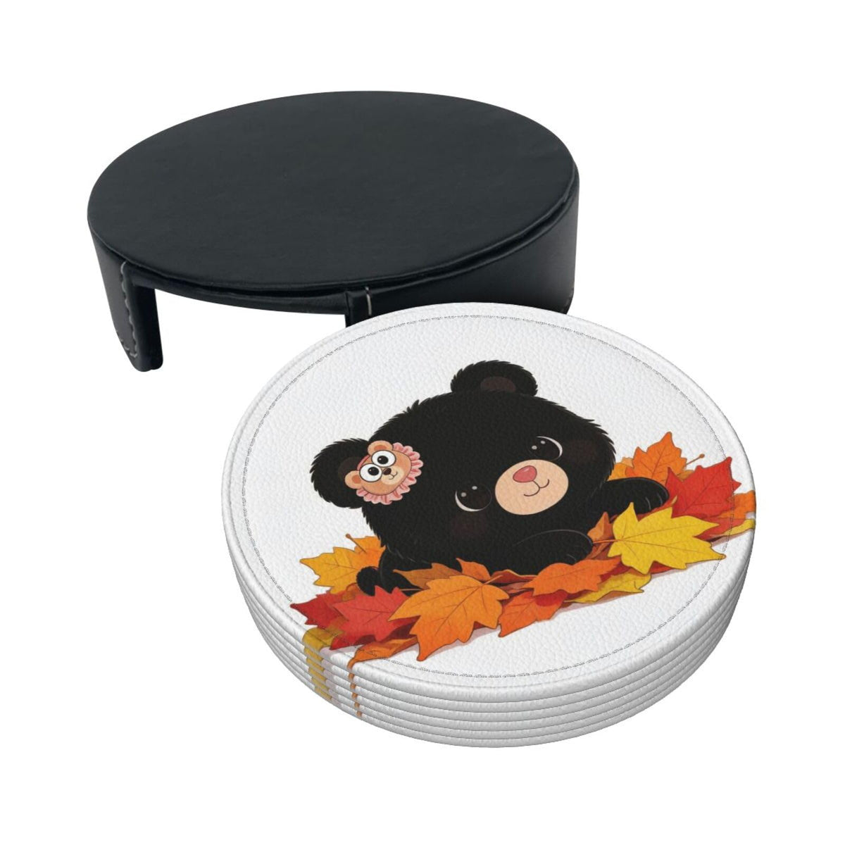 Black Bear Leather Coasters Set of 6 with Holder R54455