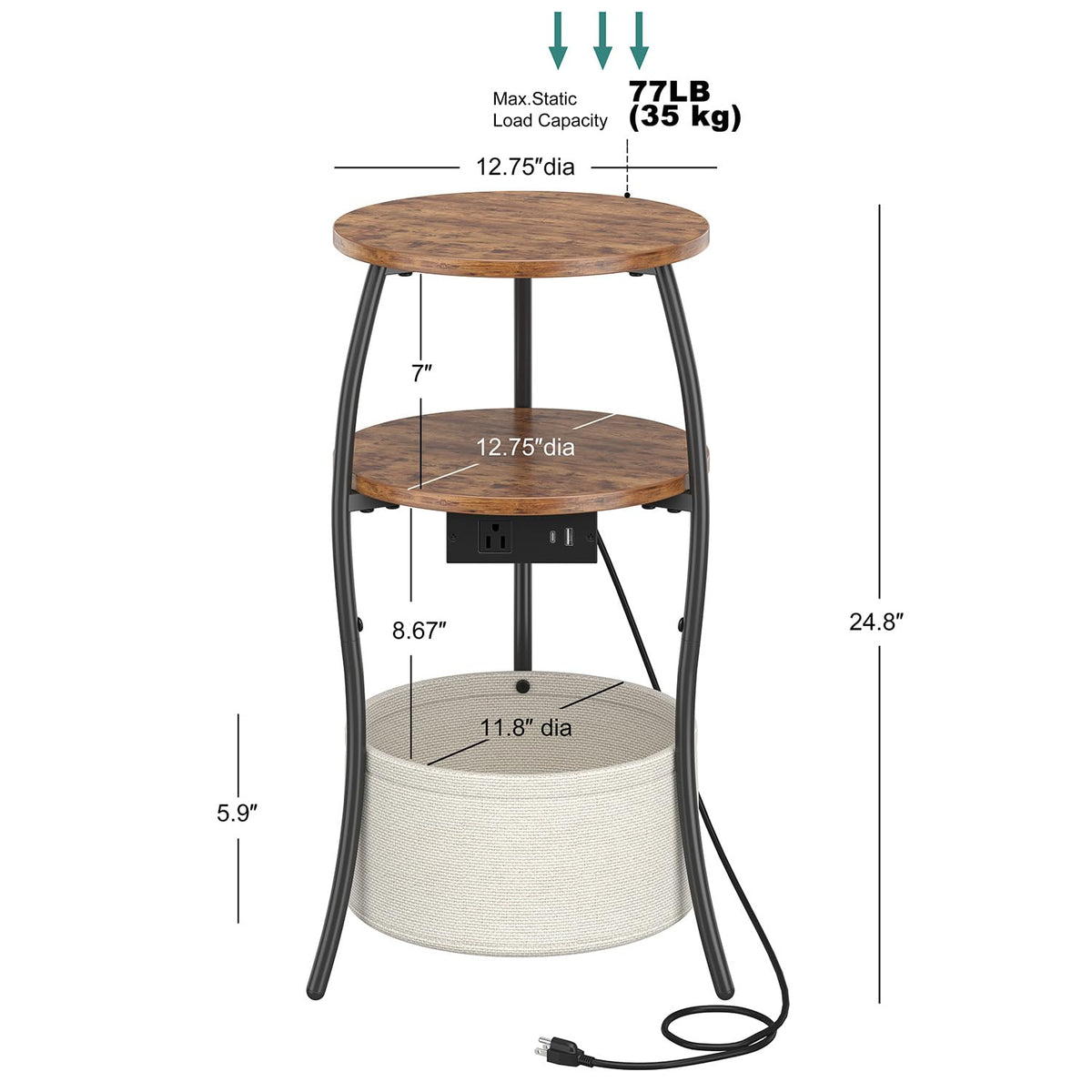 3-Tier Round End Table with Charging Station O2079