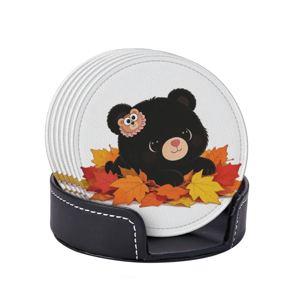 Black Bear Leather Coasters Set of 6 with Holder R54455
