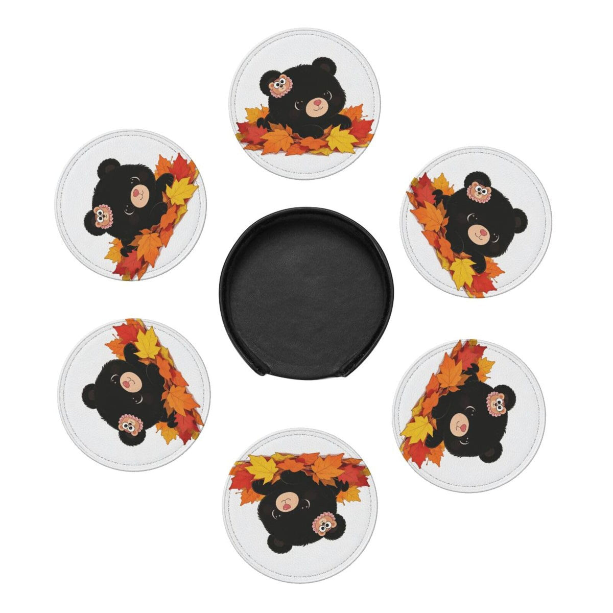 Black Bear Leather Coasters Set of 6 with Holder R54455