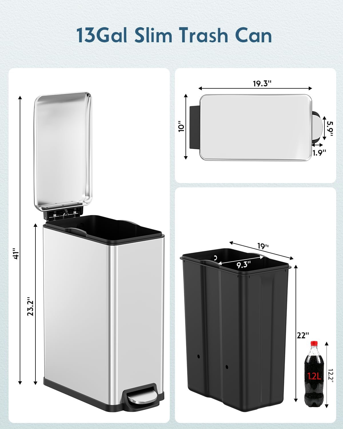 13.2 Gal Stainless Steel Slim Kitchen Trash Can K68941