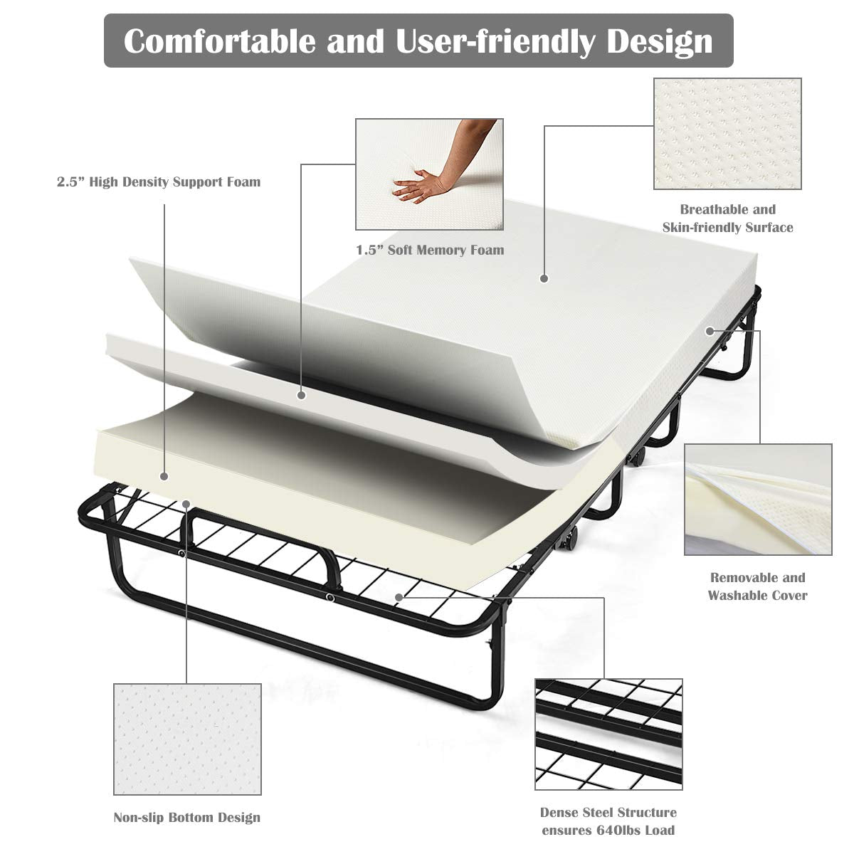 Folding Bed with Mattress Twin Size Metal Frame Memory Foam C516413