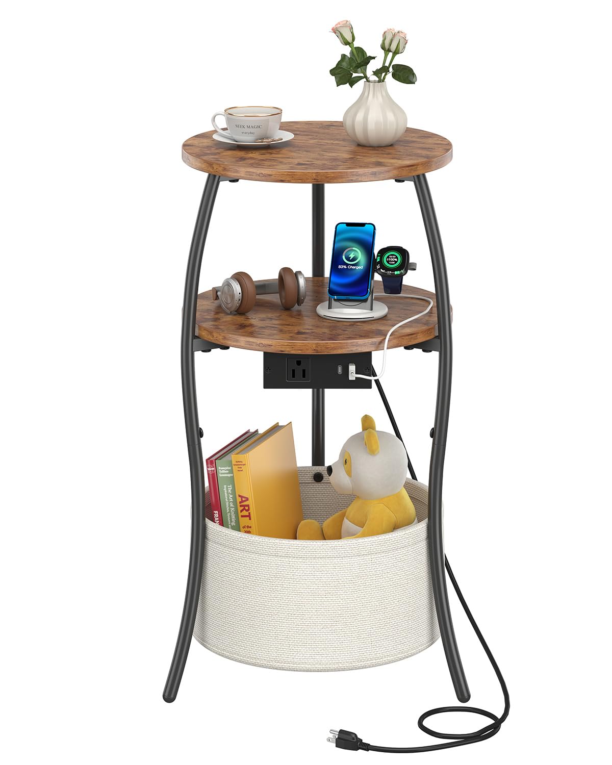 3-Tier Round End Table with Charging Station O2079