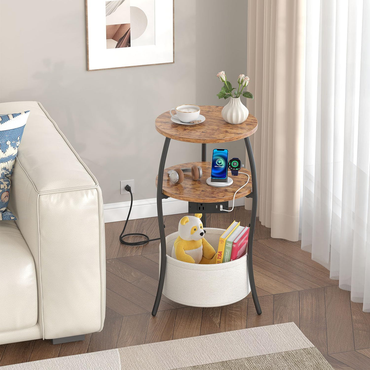 3-Tier Round End Table with Charging Station O2079