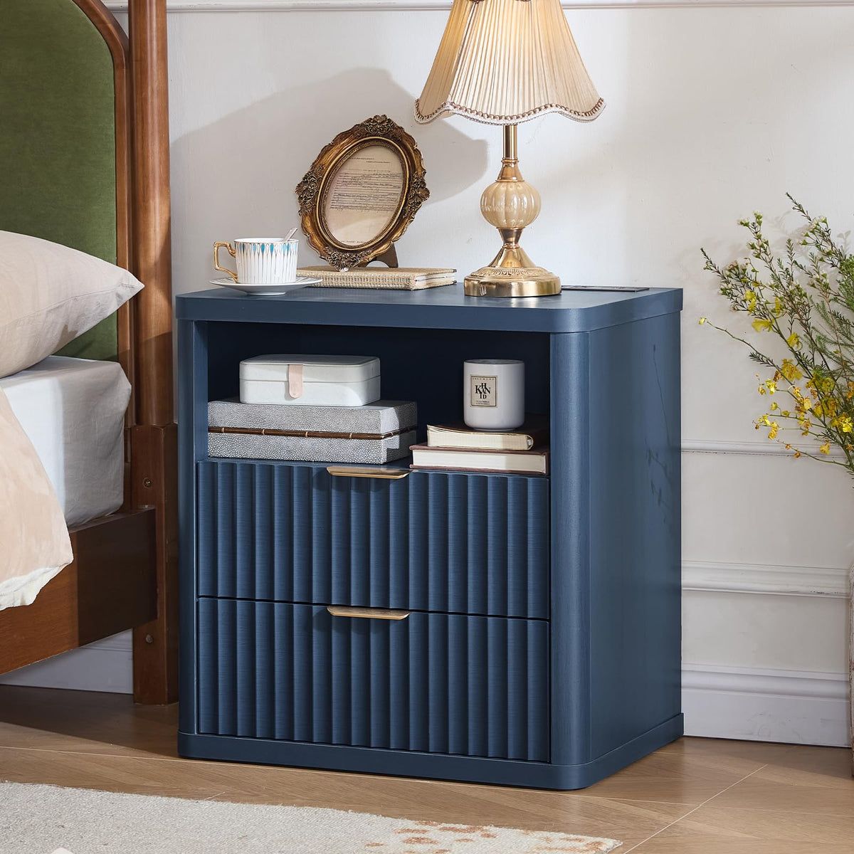 Blue 2 Drawer Fluted Nightstand with Charging Station Q868