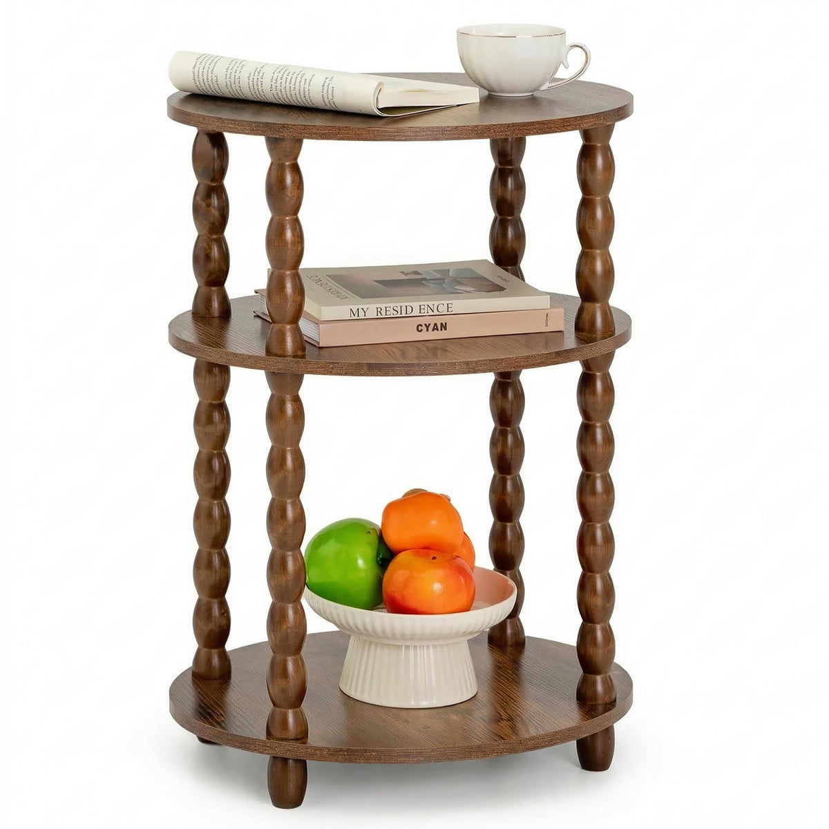 3-Tier Oval Side Table with Solid Wood Spindle Legs G78258