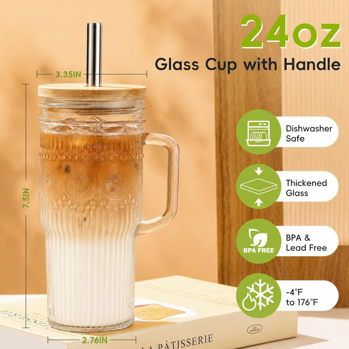 24 oz Glass Tumbler with Bamboo Lid and Handle Z99048