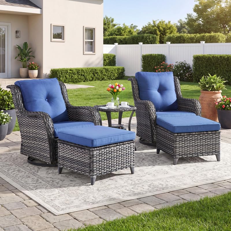 5 Pieces Outdoor Wicker Patio Furniture Set with Ottoman Blue X3596