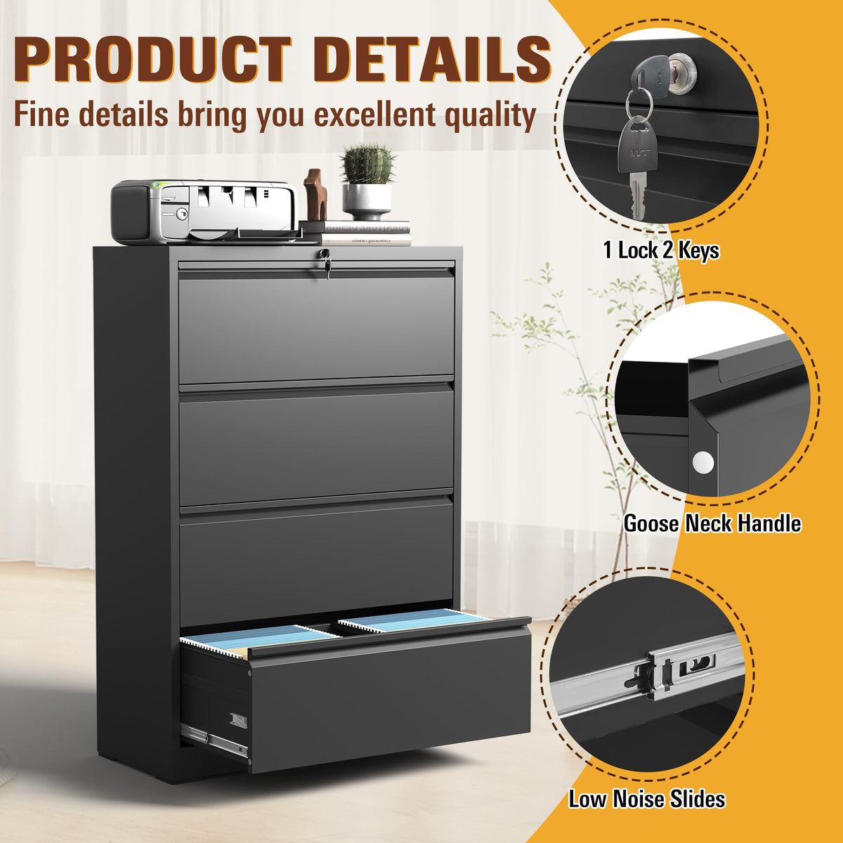 Black 4 Drawer Metal Lateral File Cabinet with Lock A897