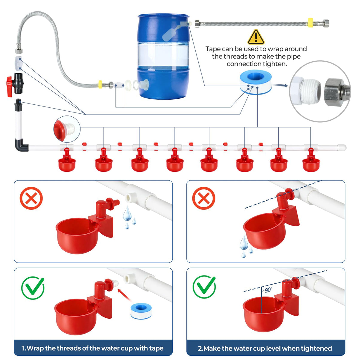 57 Pcs Automatic Chicken Waterer System Set with 8 Water Cups I902706