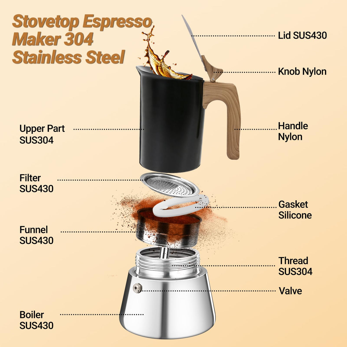 12 Cup 304 Stainless Steel Moka Pot U38967