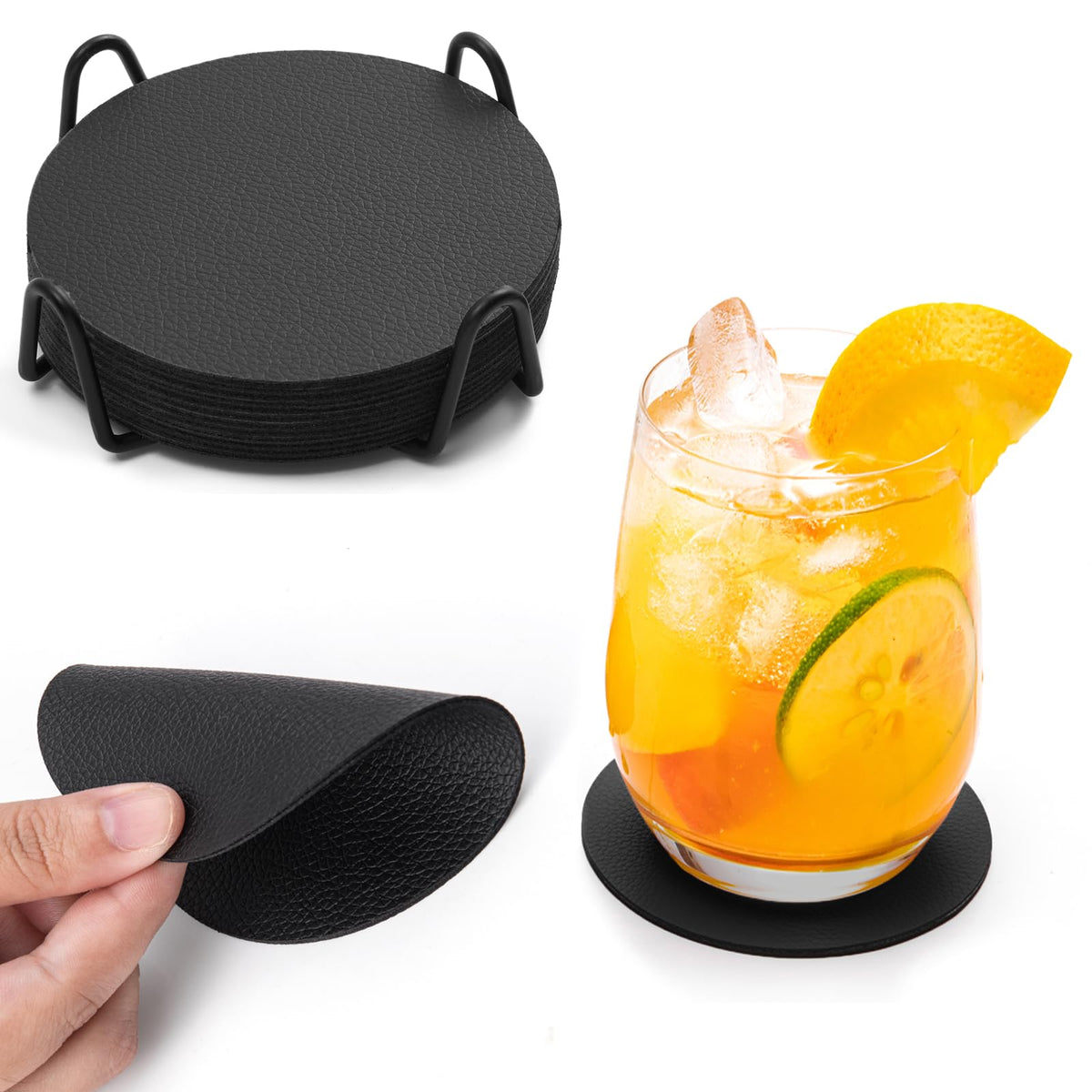 Faux Leather Drink Coasters with Holder, Set of 12 U4864