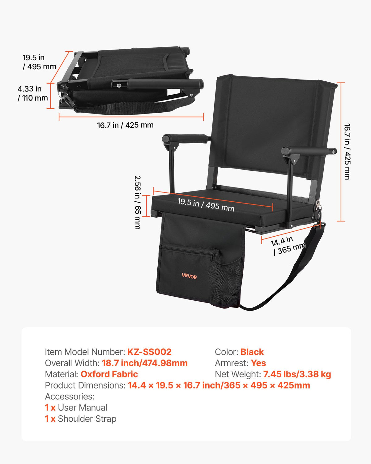 Portable Bleacher Seat with Armrest, Back Support and Cup Holder, Black I4064
