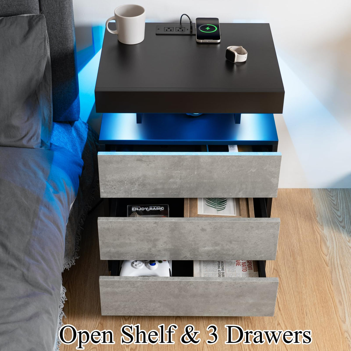 LED Nightstand with Wireless Charging Station & USB Ports, 3 Drawer High Gloss Gray P74019