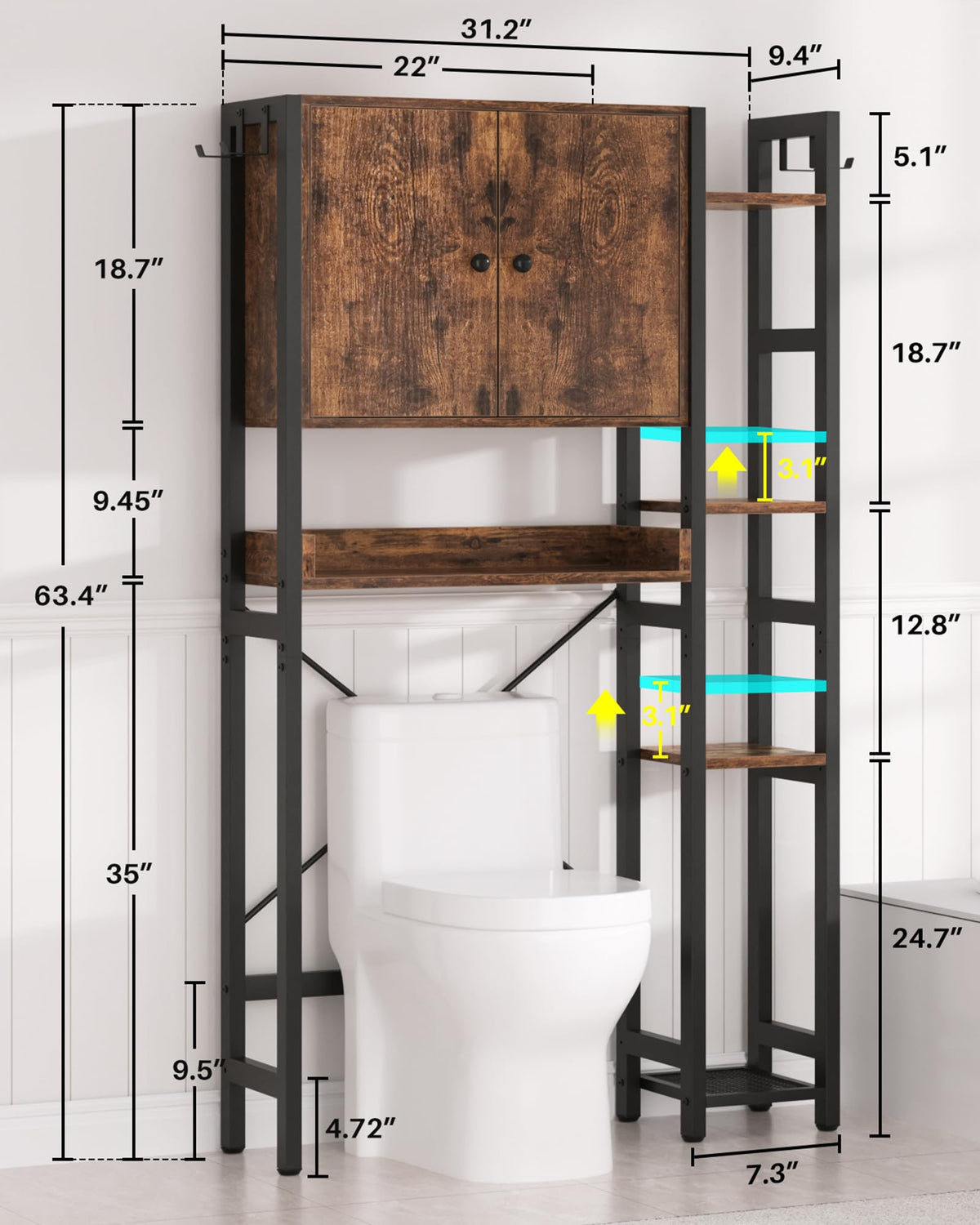 Over The Toilet Storage Cabinet with Doors, 7 Tier Bathroom Organizer with Adjustable Shelf E884019