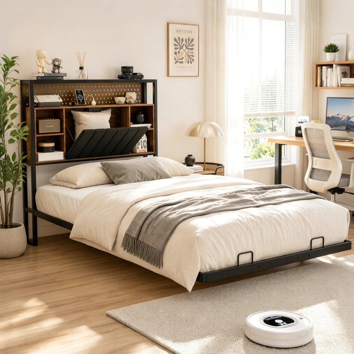 Black Twin Metal Floating Bed Frame with Charging Station and LED Lights N550