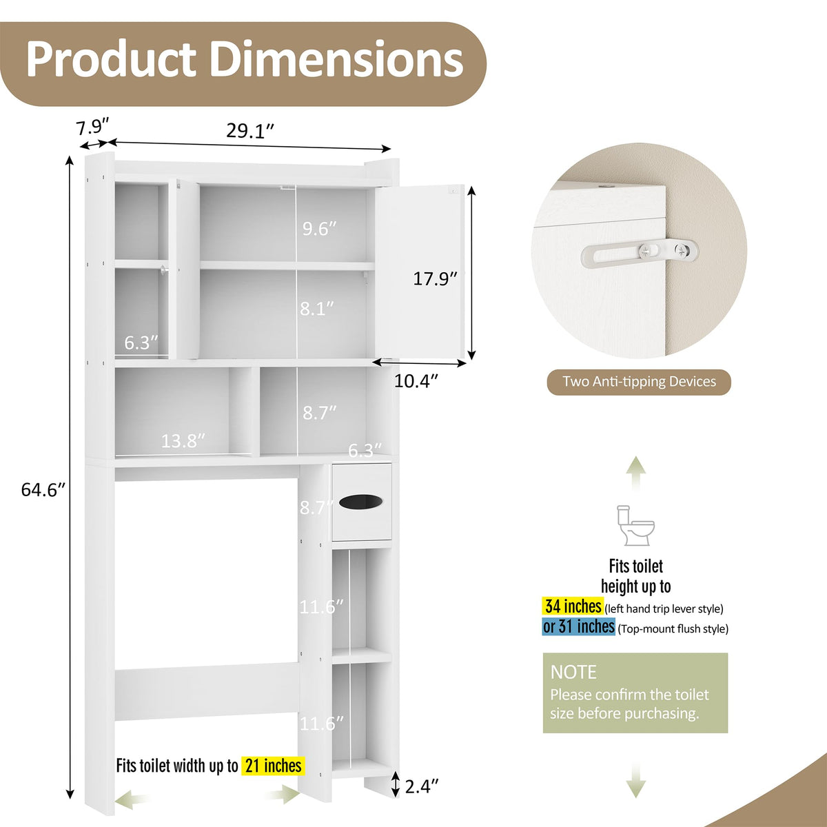 White Over the Toilet Storage Cabinet with Adjustable Shelf Y184586