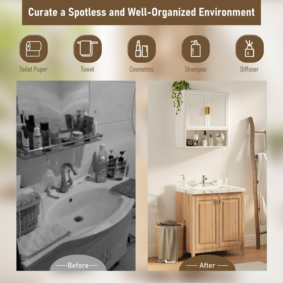 Wall-Mounted Bathroom Cabinet with Adjustable Wood Shelf & Doors I955