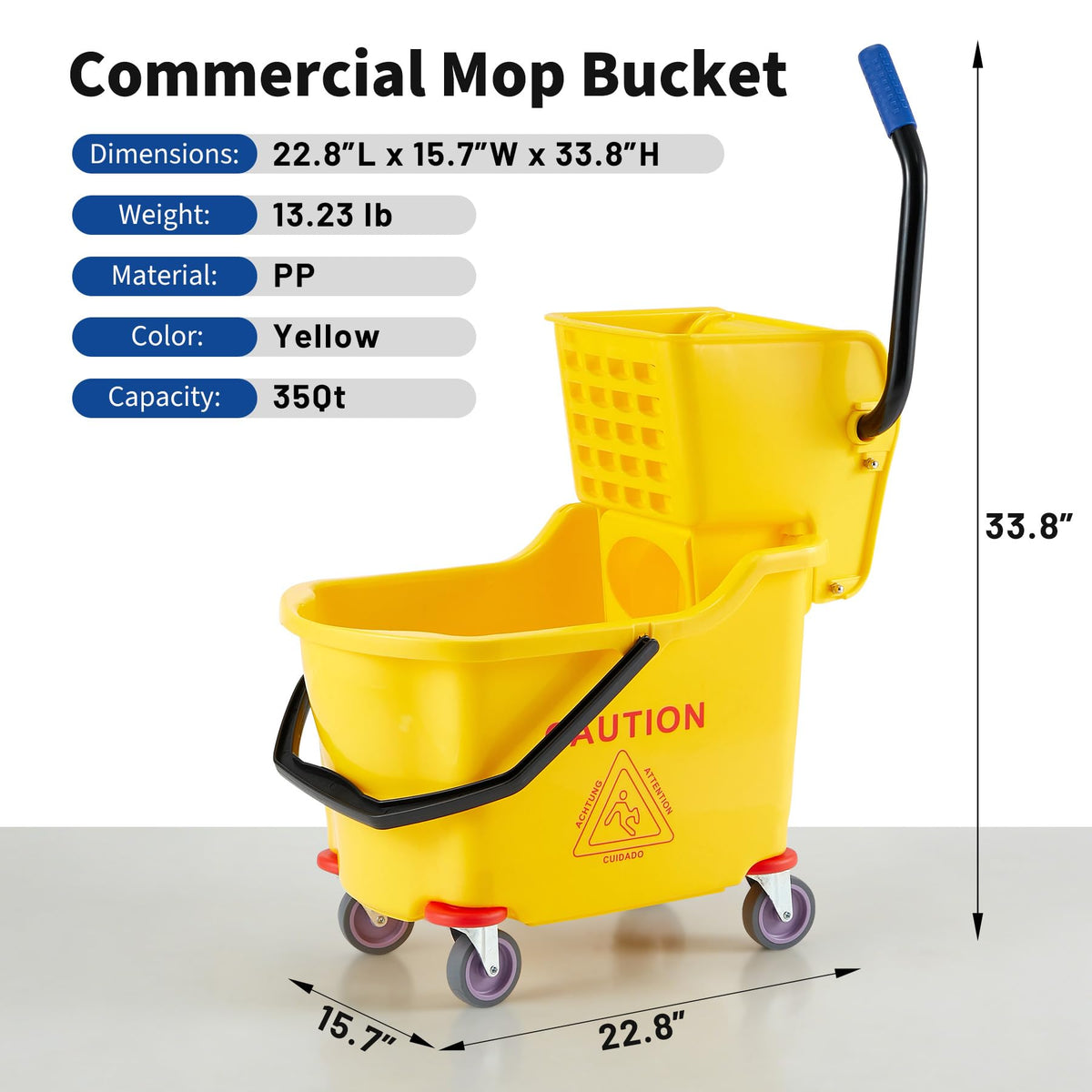 Yellow 35 Quart Commercial Mop Bucket with Side Press Wringer on Wheels S135