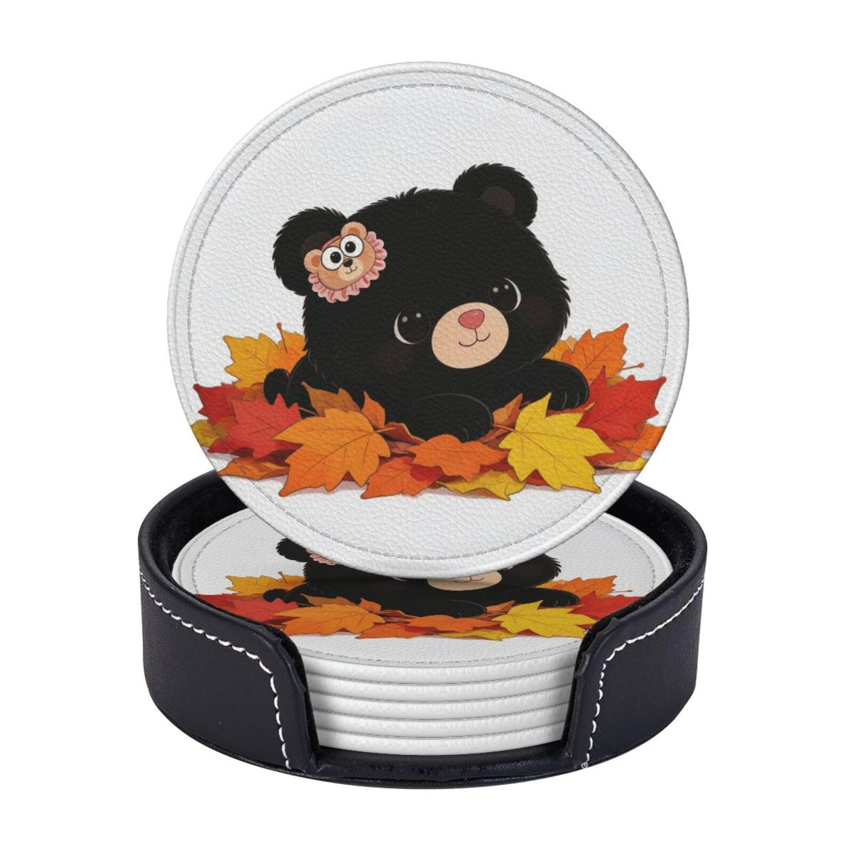Black Bear Leather Coasters Set of 6 with Holder R54455