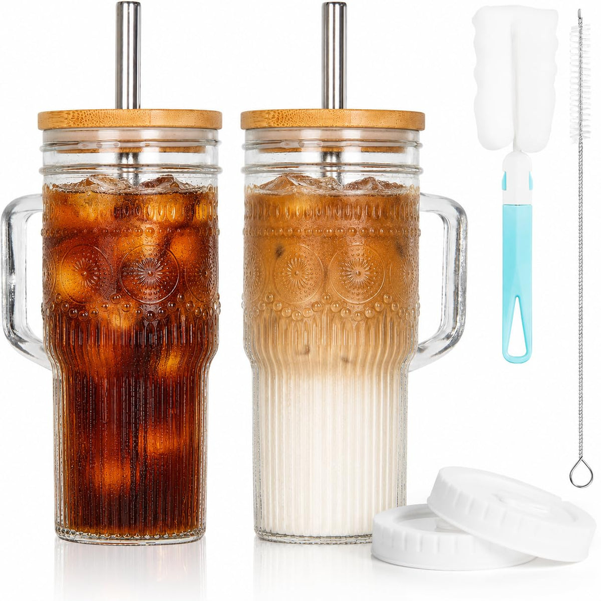24 oz Glass Tumbler with Bamboo Lid and Handle Z99048