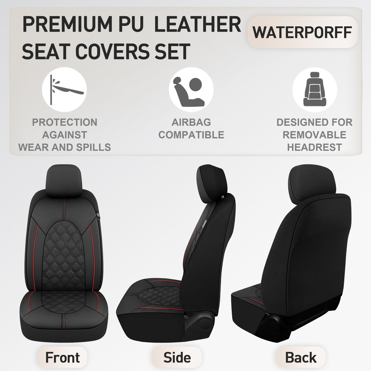 PU Leather Car Seat Covers Full Set Waterproof Split Bench Black Red X8304