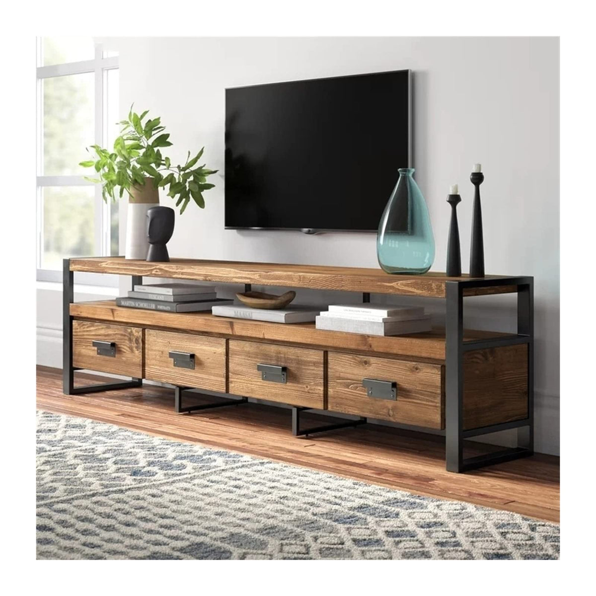Vintage Pine TV Stand Cabinet with 4 Drawers I84533