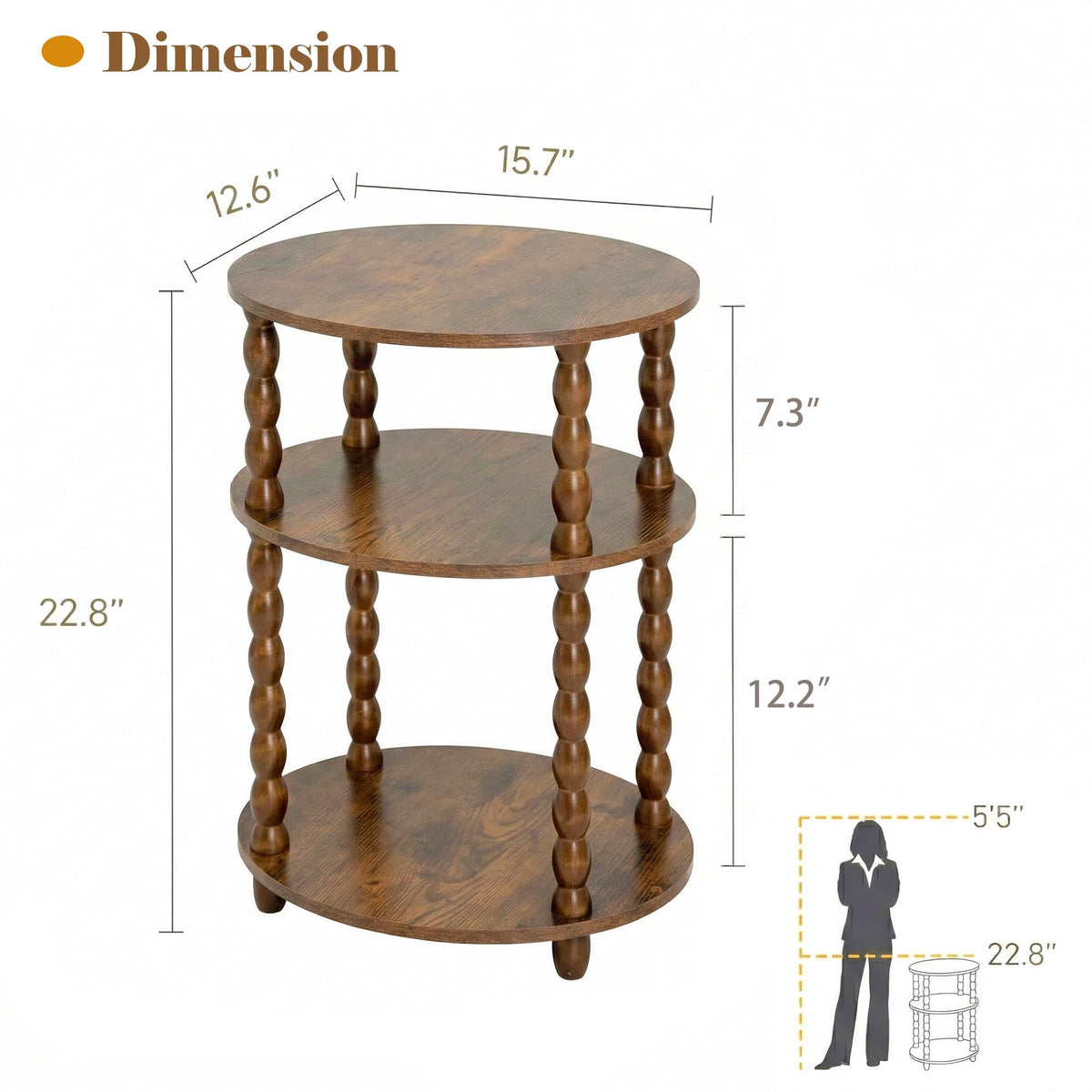 3-Tier Oval Side Table with Solid Wood Spindle Legs G78258