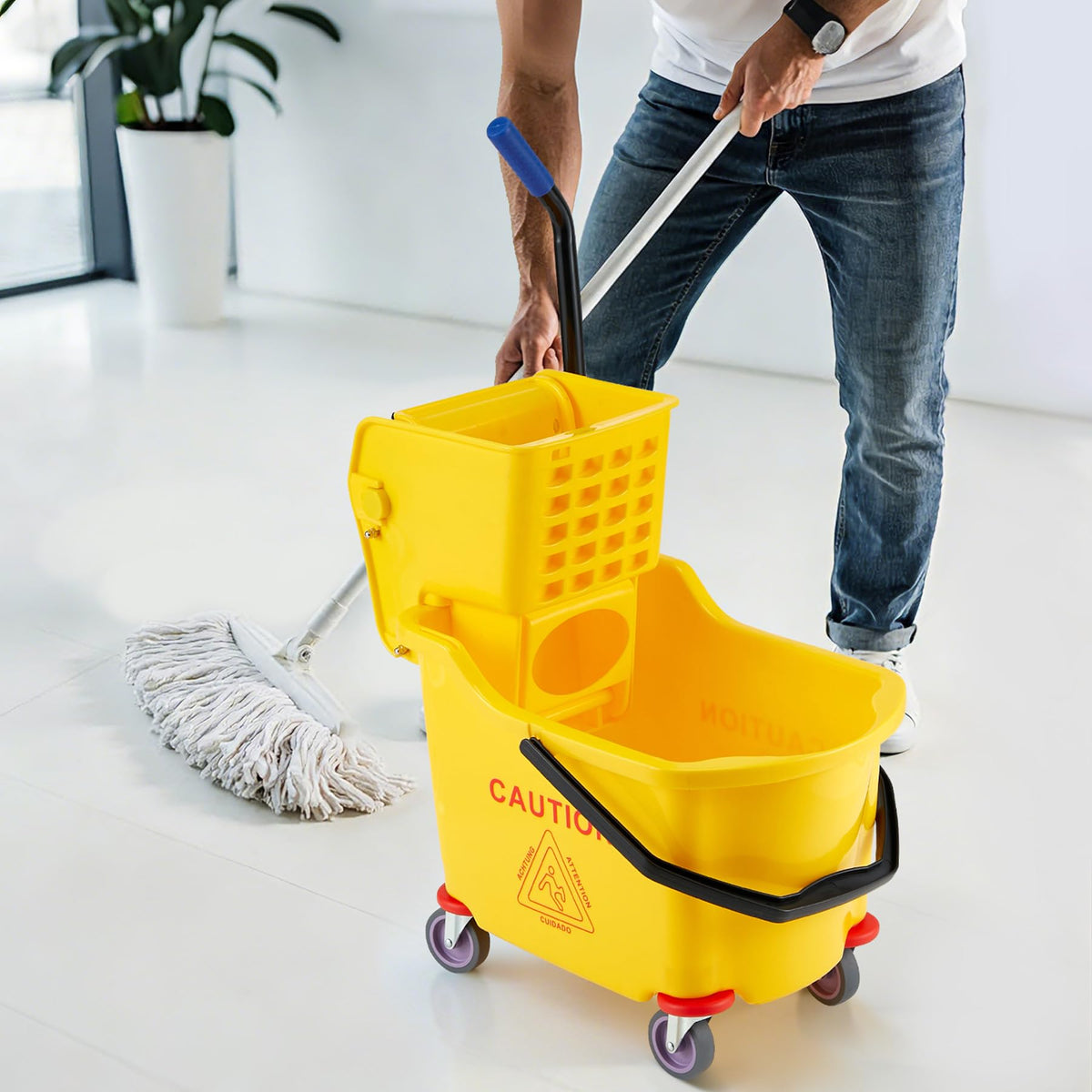 Yellow 35 Quart Commercial Mop Bucket with Side Press Wringer on Wheels S135