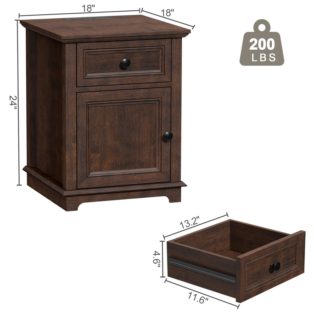 24" Tall End Table with Charging Station, Drawer & Storage Cabinet, Cherry O80450