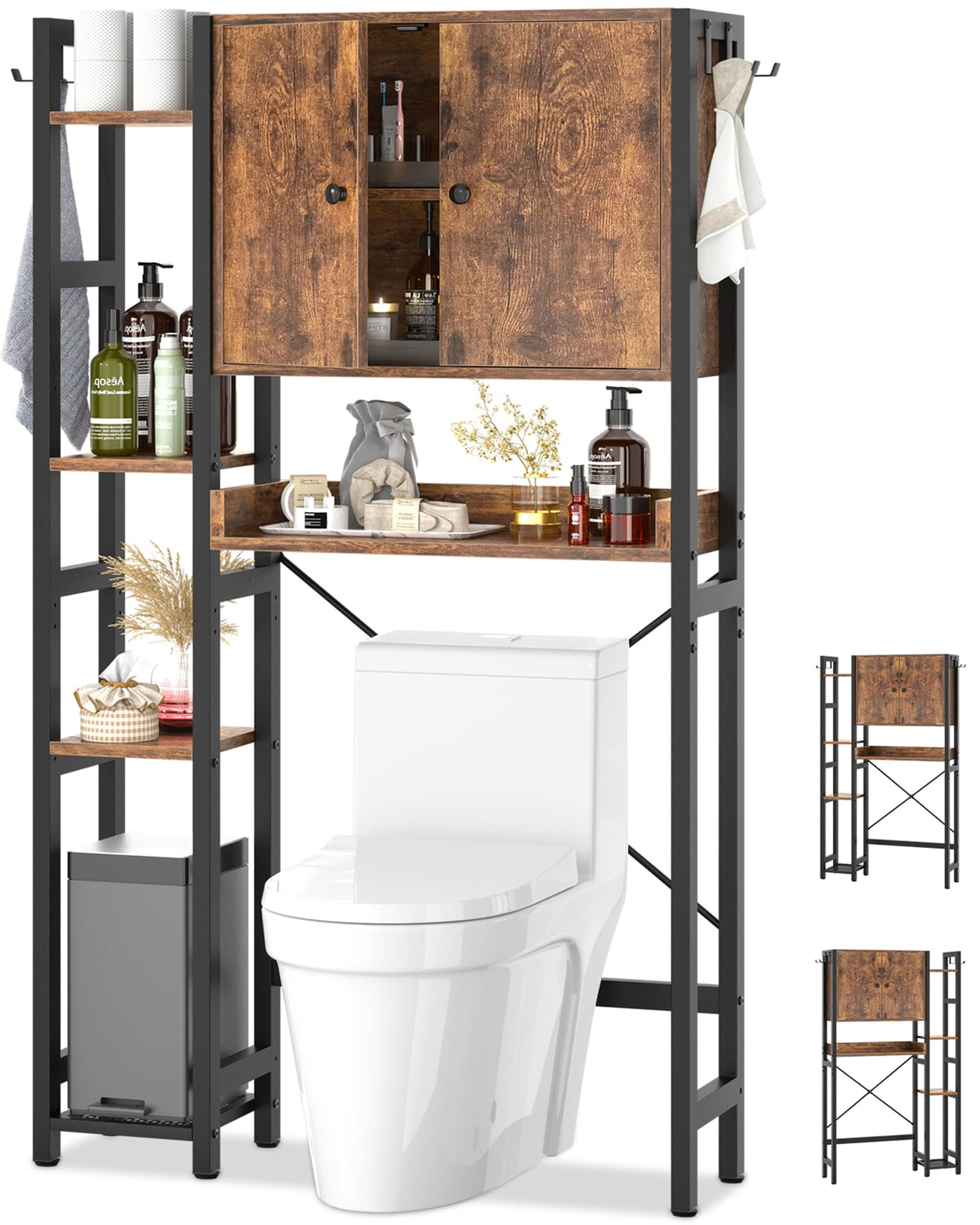 Over The Toilet Storage Cabinet with Doors, 7 Tier Bathroom Organizer with Adjustable Shelf E884019