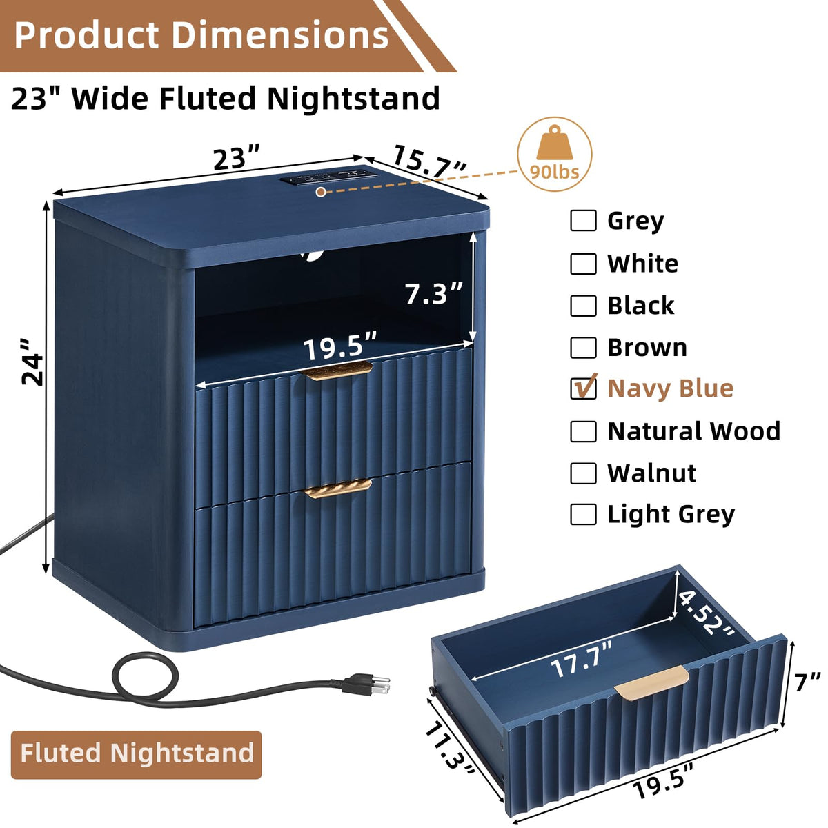 Blue 2 Drawer Fluted Nightstand with Charging Station Q868