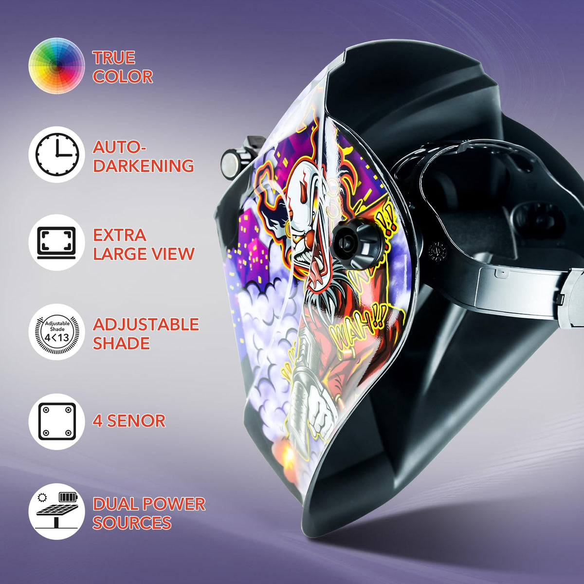 Auto Darkening Solar Powered Welding Helmet with 4 Arc Sensor Q625