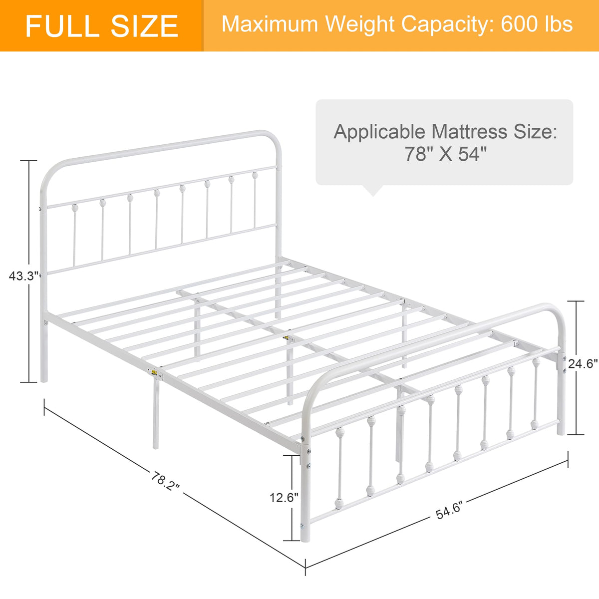 Full Size White Metal Bed Frame with Headboard Y1036