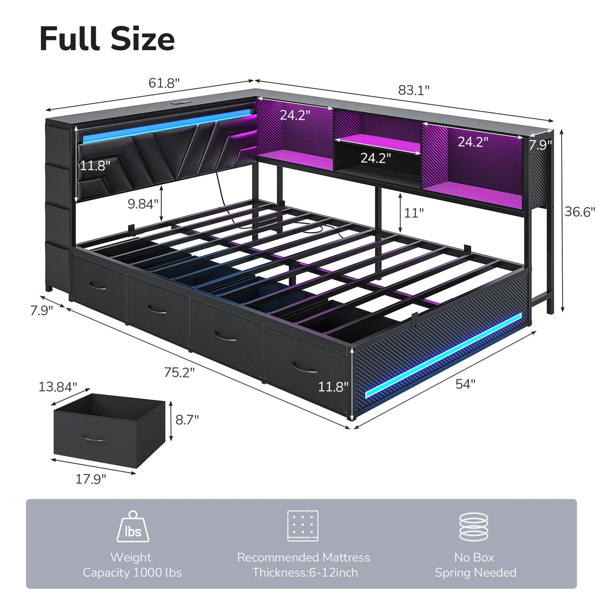 Corner Bed Frame with Storage Bookcase and 4 Drawers K389