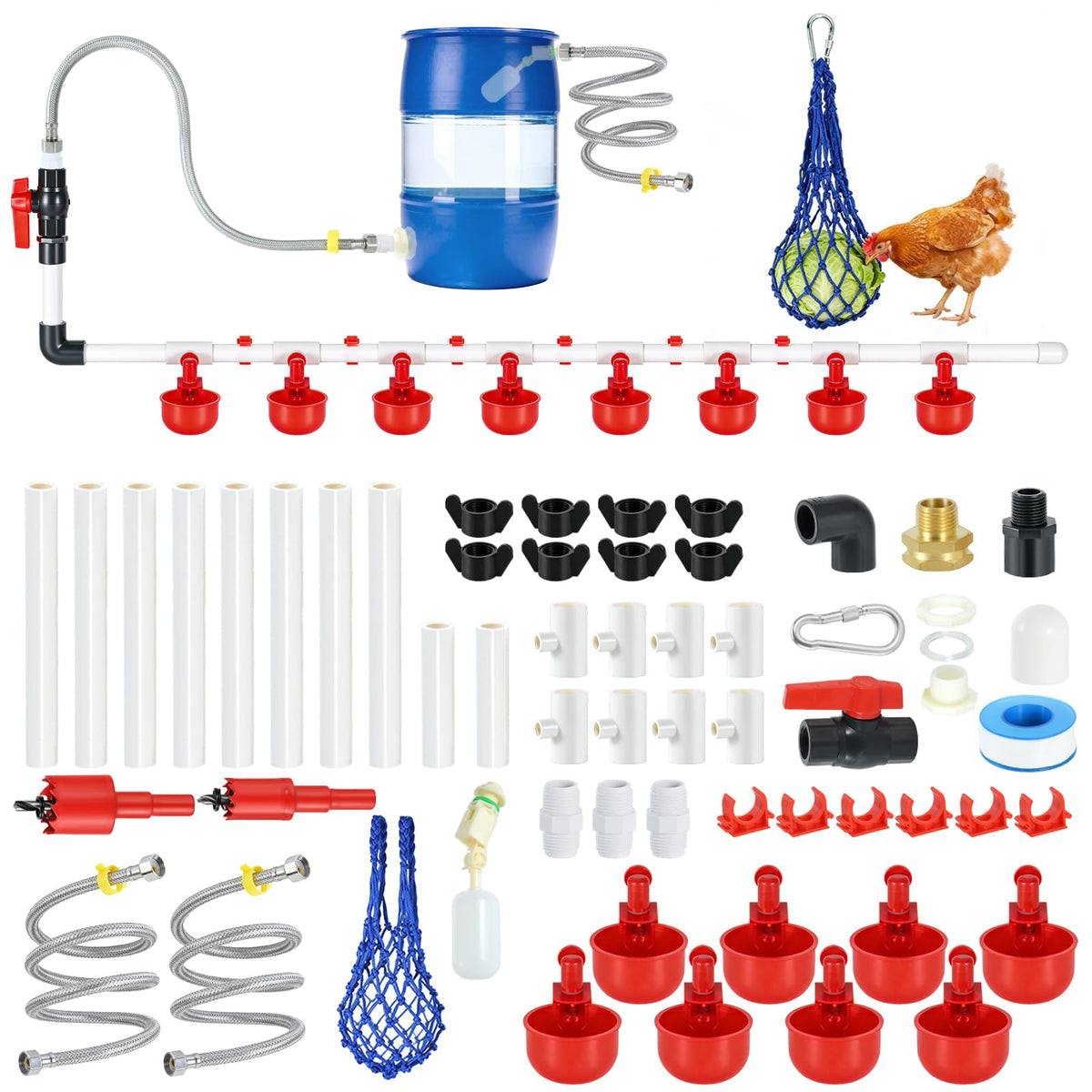 57 Pcs Automatic Chicken Waterer System Set with 8 Water Cups I902706