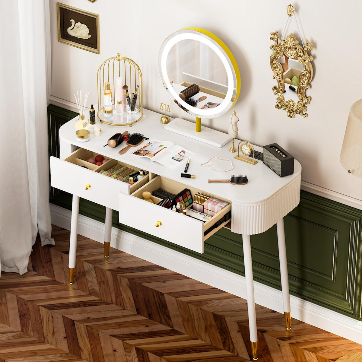 White 40" Vanity Desk with Mirror and Lights S98281