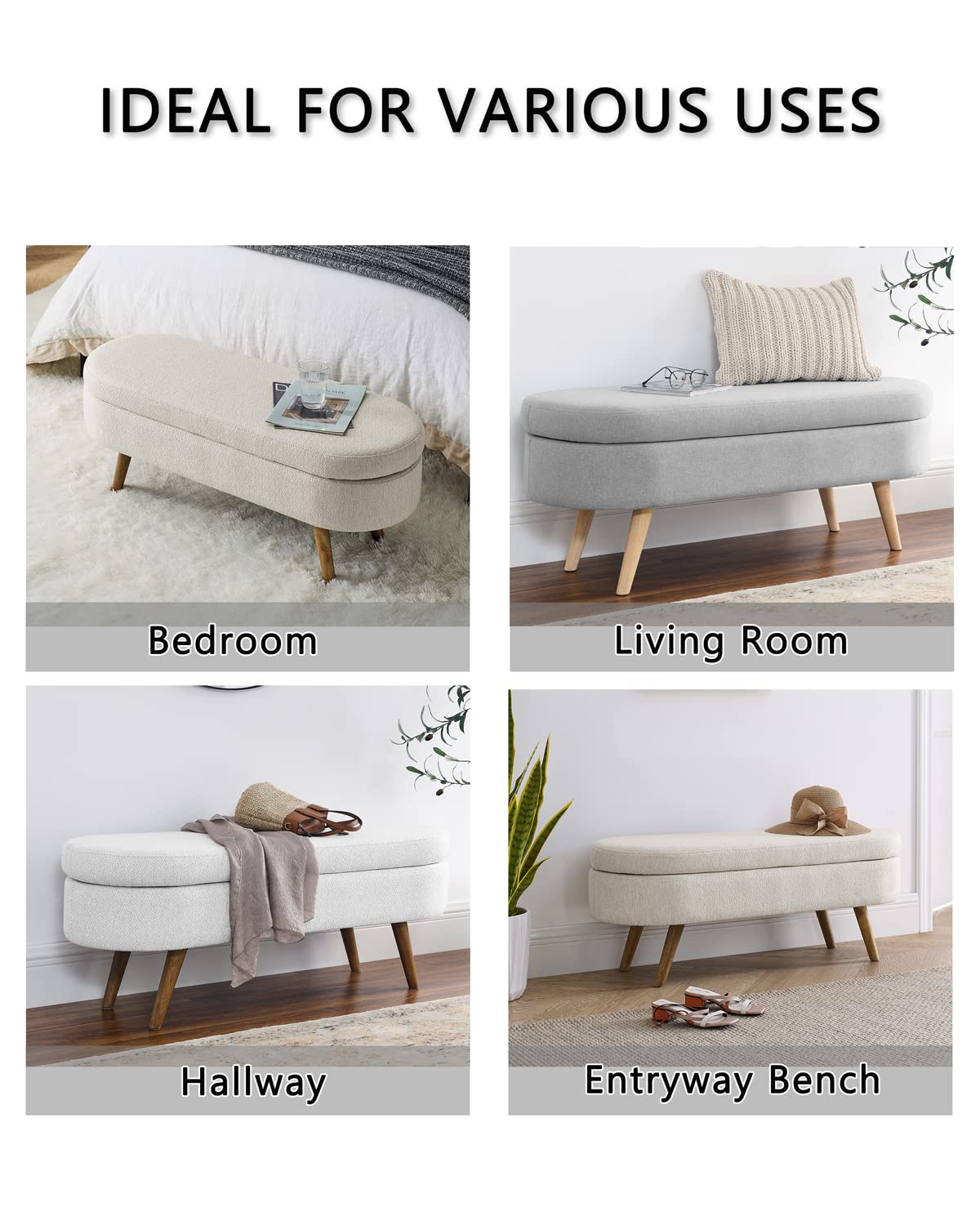 Oval Linen Fabric Upholstered Storage Bench with Solid Wood Legs Q492