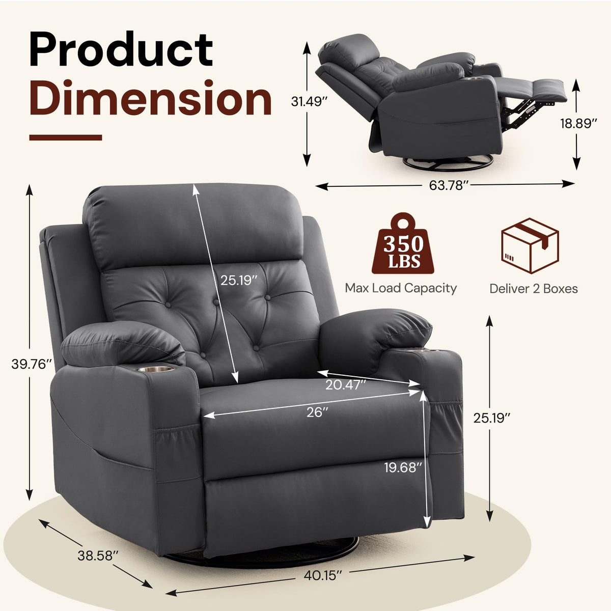 Oversized Swivel Rocker Recliner with Heat and Massage, Faux Leather, Grey A509