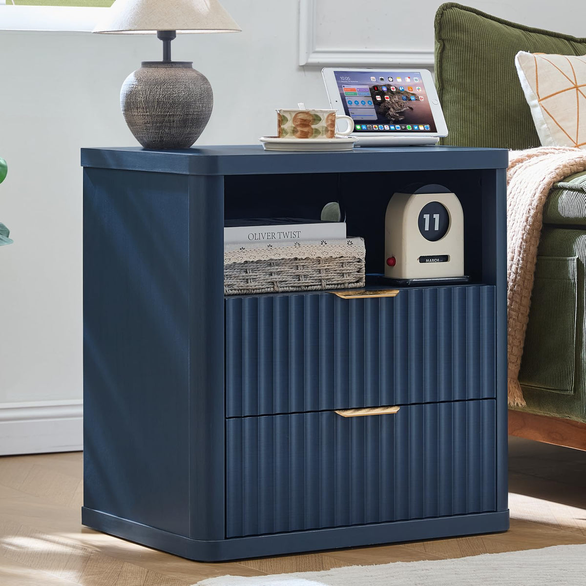 Blue 2 Drawer Fluted Nightstand with Charging Station Q868