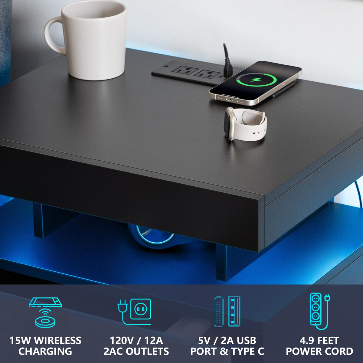 LED Nightstand with Wireless Charging Station & USB Ports, 3 Drawer High Gloss Gray P74019