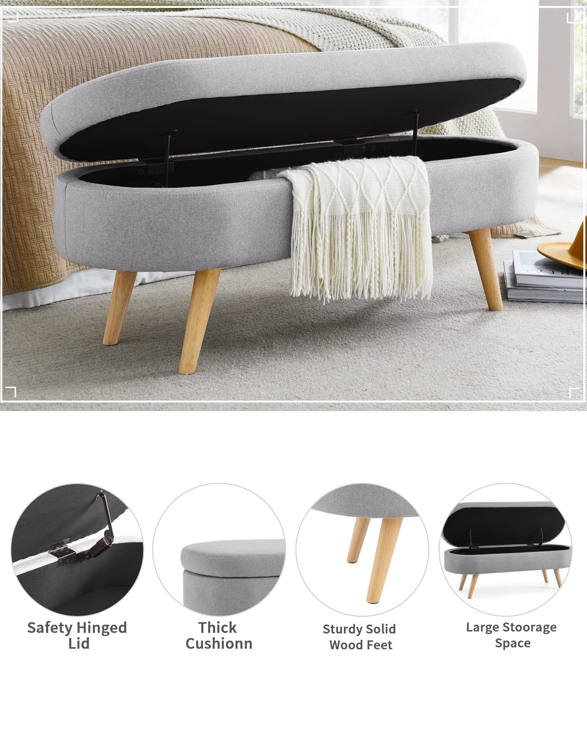 Oval Linen Fabric Upholstered Storage Bench with Solid Wood Legs Q492